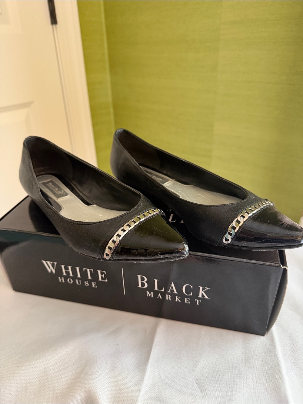 White House Black Market Black Pointed-Toe Chain-Trim Flats